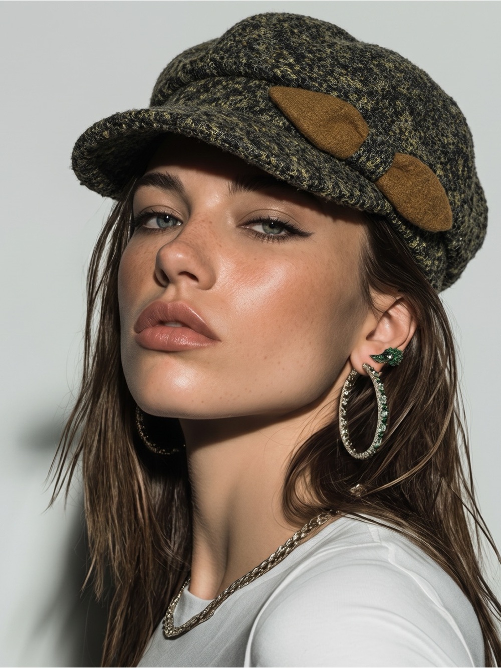 BORDONI Women’s Olive Tweed Newsboy Cap with Tan Suede Accents